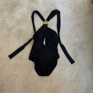 Trina Turk black one piece swimsuit with gold detailing